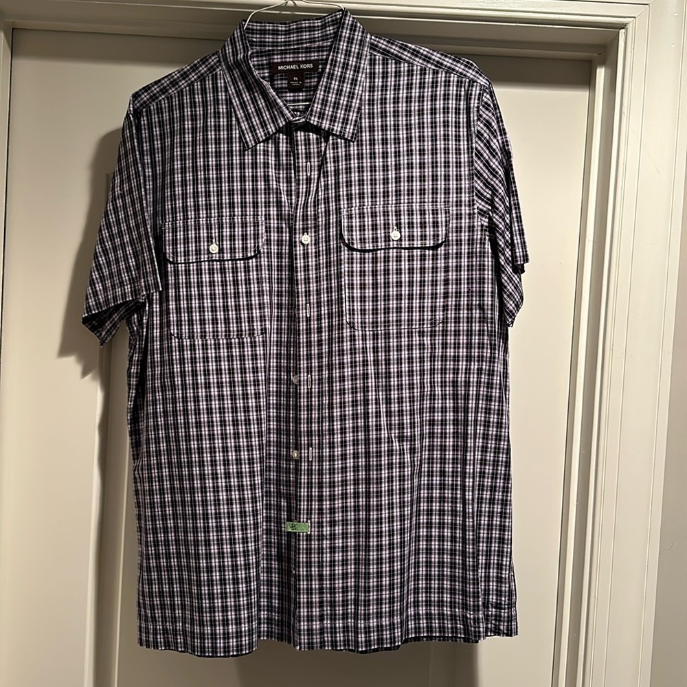 Men’s Michael Kors Short Sleeve Button Down Size XL Purple/White Plaid